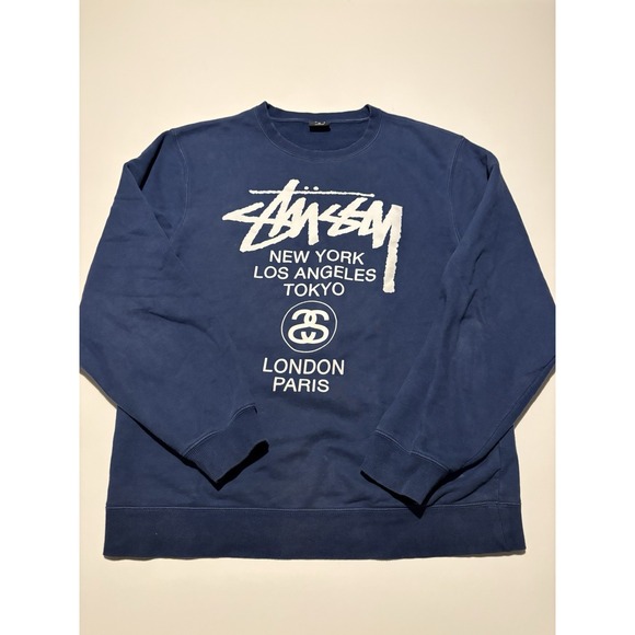 Men's Stussy World Tour Crewneck Sweater Blue SZ XL - Picture 1 of 5
